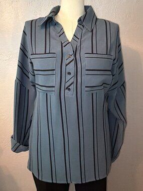 Astylish Smokey Slate Blue Graphic Black Stripe Tunic Top Blouse Size XL